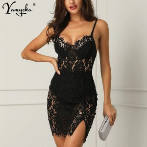 Sexy Black Lace Summer Dress women Backless Strap perspective Dress elegant vintage Night club Party dresses Vestido clothes New